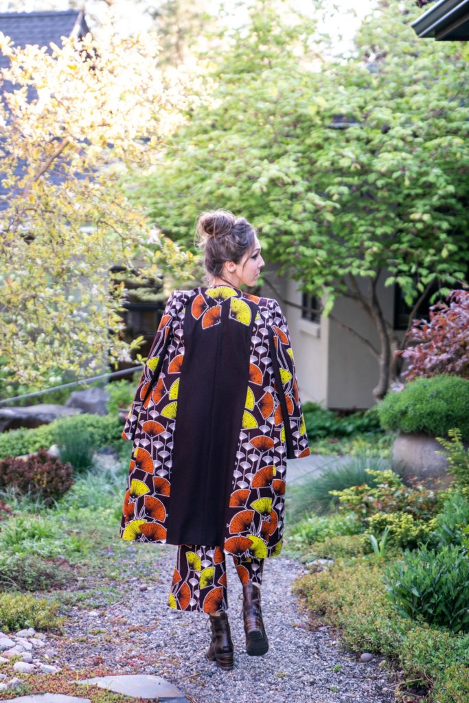 Ginkgo dutch wax print coat and pants with up-cycled brown wool.